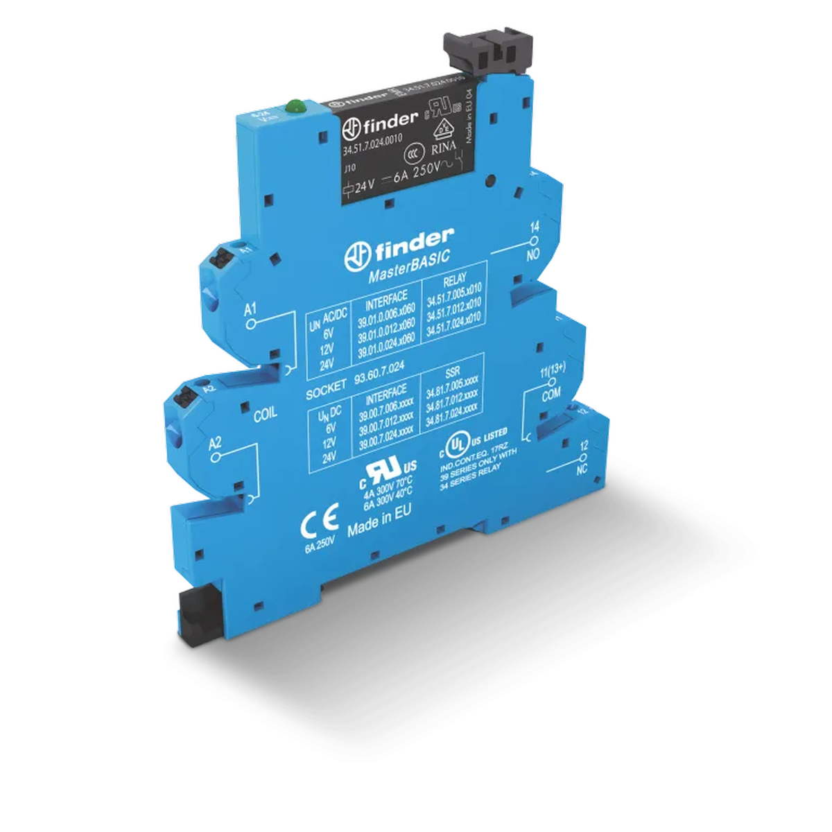 390100120060 - Interface module (assembly 34.51.012.0010 + 93.60.7.024), electromechanical relay, MasterBasic series; 1CO 6A; 12V AC/DC power; IP20 protection class; Cavigable push-in terminals - Finder - Interface module (assembly 34.51.012.0010 + 93.60.7.024), electromechanical relay, MasterBasic series; 1CO 6A; 12V AC/DC power; IP20 protection class; Cavigable push-in terminals - Finder - 0