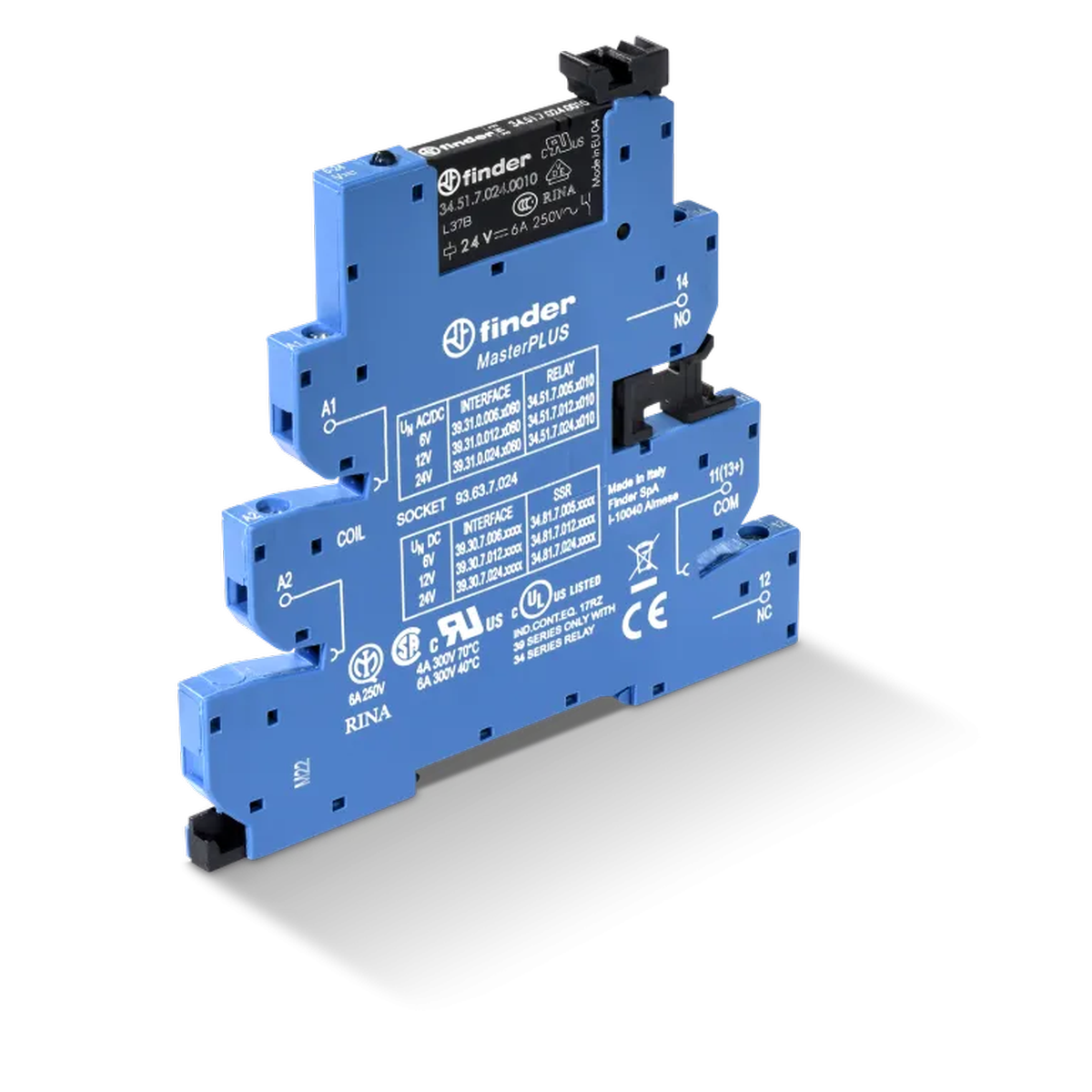 393100240060 - Interface module (assembly 34.51.7.024.0010 + 93.63.7.024), electromechanical relay, MasterPlus series; 1CO 6A; AGNI contacts; 24V AC/DC power; IP20 protection class; screw terminals - Finder - Interface module (assembly 34.51.7.024.0010 + 93.63.7.024), electromechanical relay, MasterPlus series; 1CO 6A; AGNI contacts; 24V AC/DC power; IP20 protection class; screw terminals - Finder - 0