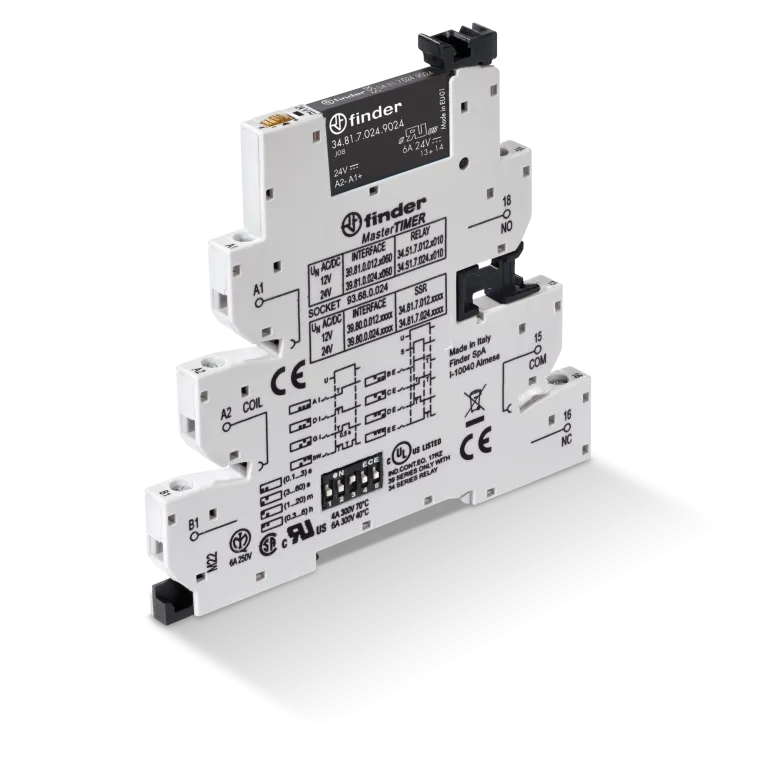 398000249024 - Interface module (assembly 34.81.7.024.9024 + 93.68.0.024), solid-state relay with a timer, MasterTimer series (multifunctional: AI, Di, Gi, SW); output 2a (24V DC); 24V / DC power supply; IP20 protection class; screw terminals - Finder - Interface module (assembly 34.81.7.024.9024 + 93.68.0.024), solid-state relay with a timer, MasterTimer series (multifunctional: AI, Di, Gi, SW); output 2a (24V DC); 24V / DC power supply; IP20 protection class; screw terminals - Finder - 0