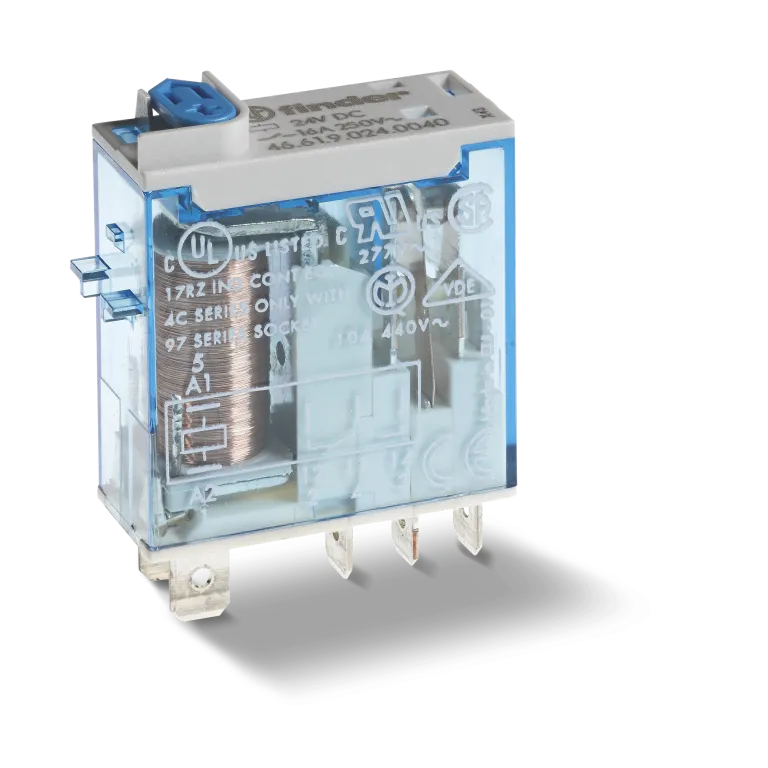 466180240040 - Miniature industrial electromechanical relay; Installation in a socket or Faston tips (4.8x0.5mm); 1CO 16A; AGNI contacts; Coil 24b AC; RTII moisture protection; Options: Test button + fur.InDicator - Finder - Miniature industrial electromechanical relay; Installation in a socket or Faston tips (4.8x0.5mm); 1CO 16A; AGNI contacts; Coil 24b AC; RTII moisture protection; Options: Test button + fur.InDicator - Finder - 0