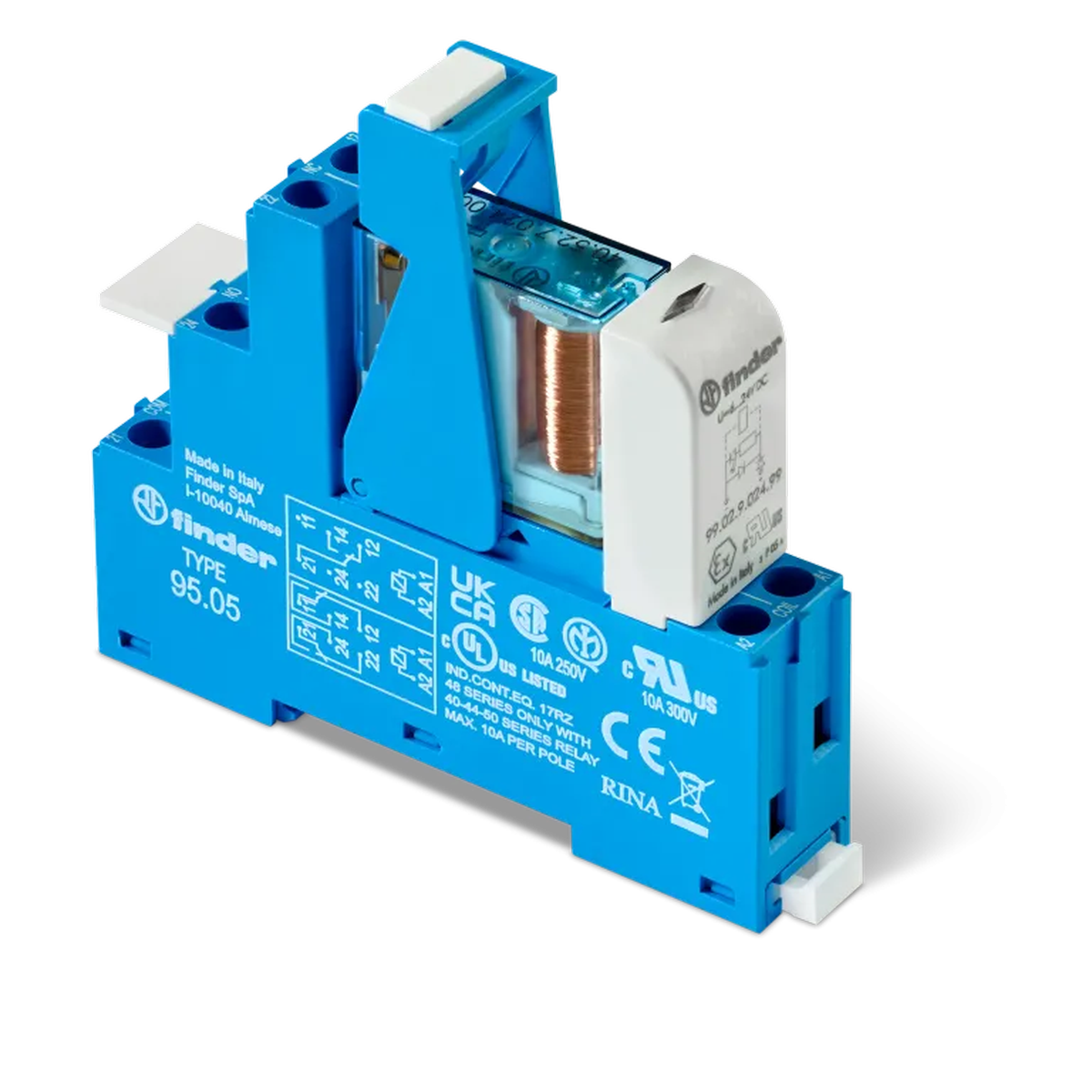 485270240050SPA - Interface module (assembly 40.52.7.024.0000 + 99.02.9.024.99 + 95.05SPA), electromechanical relay; 2CO 8A; AGNI contacts; 24V DC (sensitive); IP20 protection class; screw terminals; plastic clips; LEDs + diodes - Finder - Interface module (assembly 40.52.7.024.0000 + 99.02.9.024.99 + 95.05SPA), electromechanical relay; 2CO 8A; AGNI contacts; 24V DC (sensitive); IP20 protection class; screw terminals; plastic clips; LEDs + diodes - Finder - 0