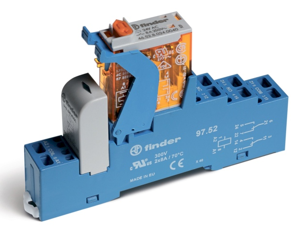 4C5290240050SPA - Interface module (assembly 46.52.9.024.0040 + 99.02.9.024.99 + 97.52SPA), electromechanical relay; 2CO 8A; AGNI contacts; 24Vdc; IP20 protection class; Cavigable terminals (spring clamp); plastic clips; LEDs + diodes; Test-button - Finder - Interface module (assembly 46.52.9.024.0040 + 99.02.9.024.99 + 97.52SPA), electromechanical relay; 2CO 8A; AGNI contacts; 24Vdc; IP20 protection class; Cavigable terminals (spring clamp); plastic clips; LEDs + diodes; Test-button - Finder - 0