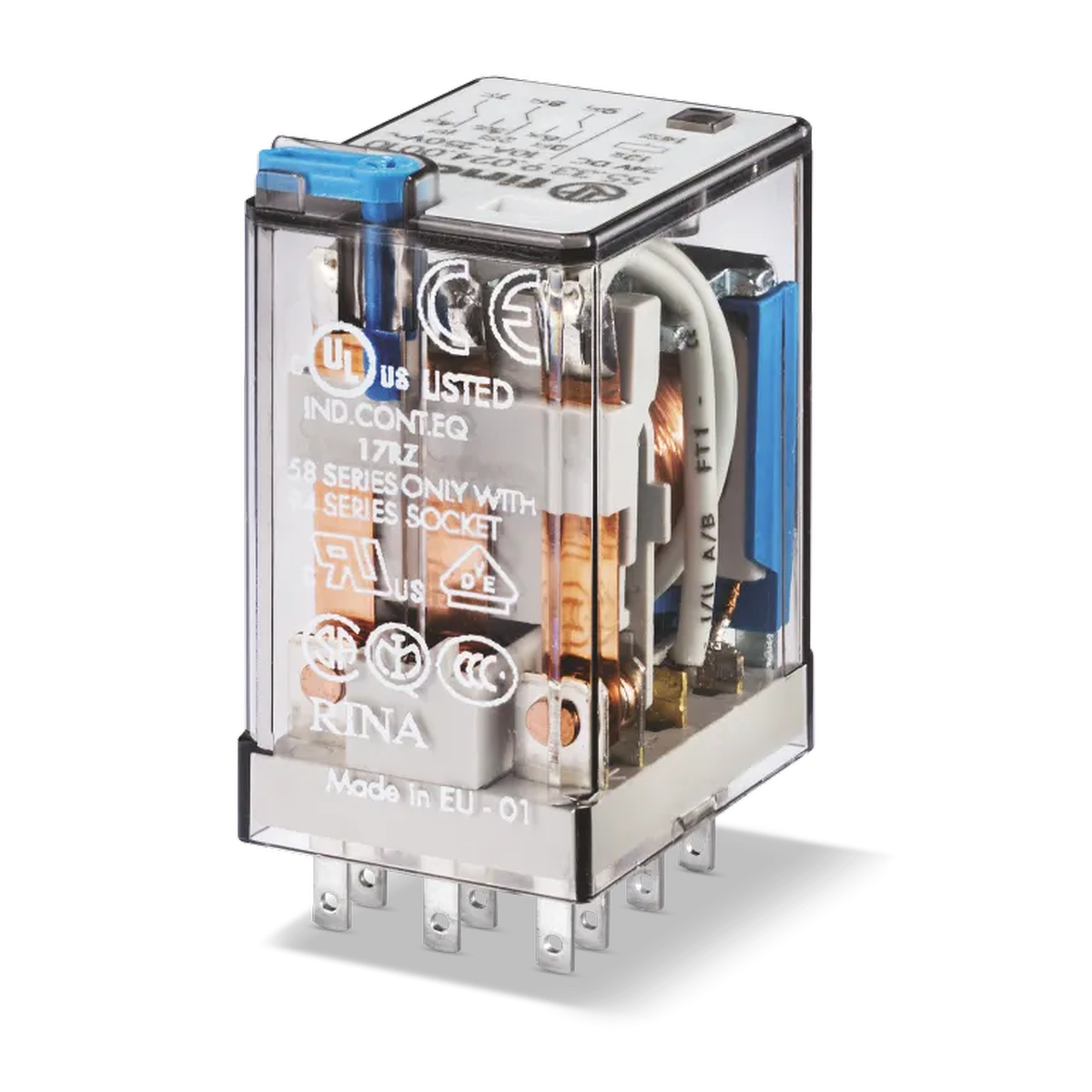 553380240010 - Miniature universal electromechanical relay; Installation in the outlet; 3CO 10A; AGNI contacts; 24V AC coil; degree of protection of RTI; Options: Test button - Finder - Miniature universal electromechanical relay; Installation in the outlet; 3CO 10A; AGNI contacts; 24V AC coil; degree of protection of RTI; Options: Test button - Finder - 0