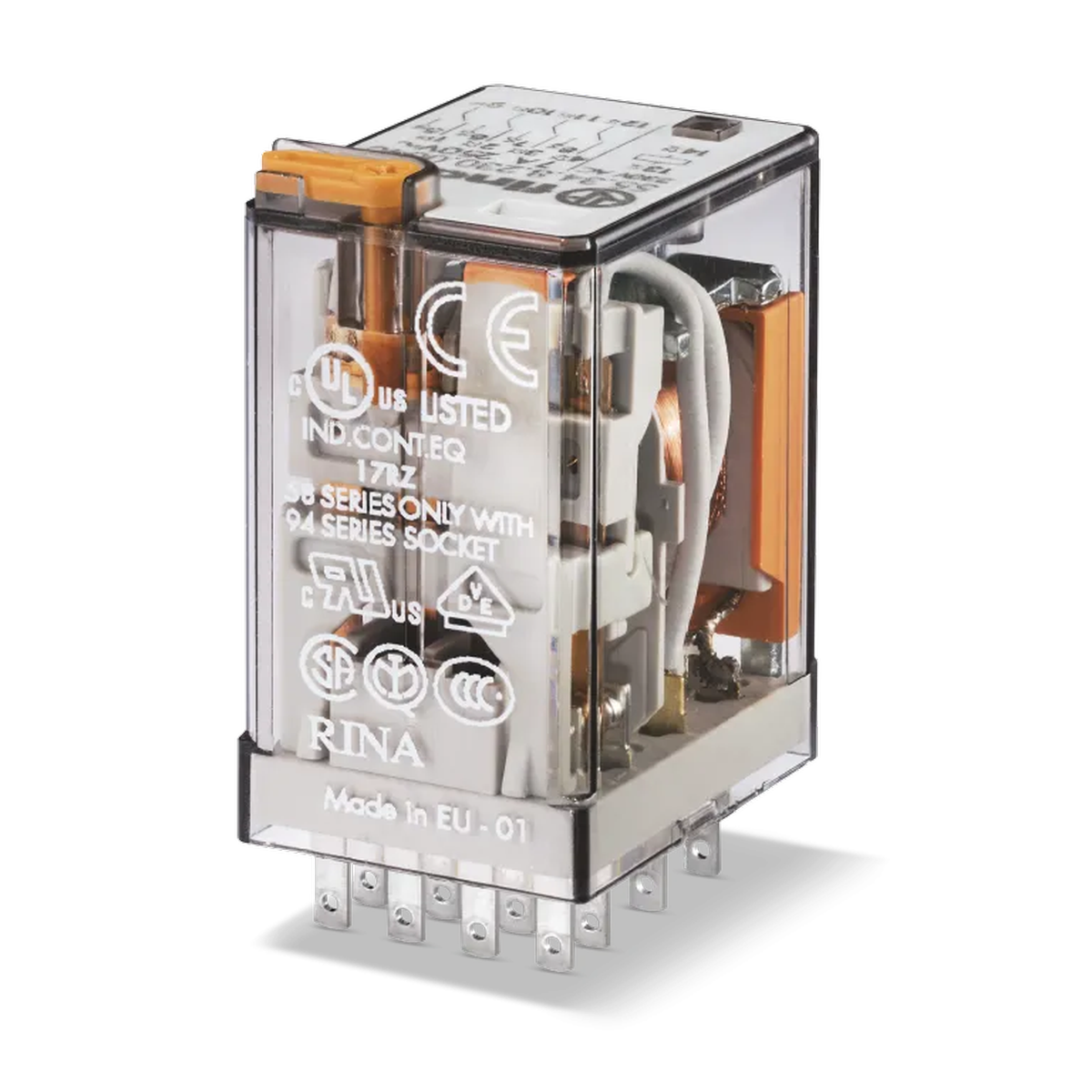 553480240040 - Miniature universal electromechanical relay; Installation in the outlet; 4CO 7A; AGNI contacts; 24V AC coil; degree of protection of RTI; Options: Test button + fur.InDicator - Finder - Miniature universal electromechanical relay; Installation in the outlet; 4CO 7A; AGNI contacts; 24V AC coil; degree of protection of RTI; Options: Test button + fur.InDicator - Finder - 0