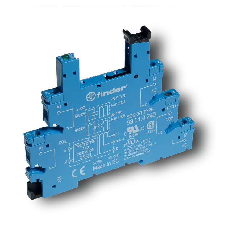 93010240 - Socket with screw terminals (with clamping clamp) for relay 34 series; 240V / DC power supply; included plastic clip; Options: LEDs - Finder - Socket with screw terminals (with clamping clamp) for relay 34 series; 240V / DC power supply; included plastic clip; Options: LEDs - Finder - 0