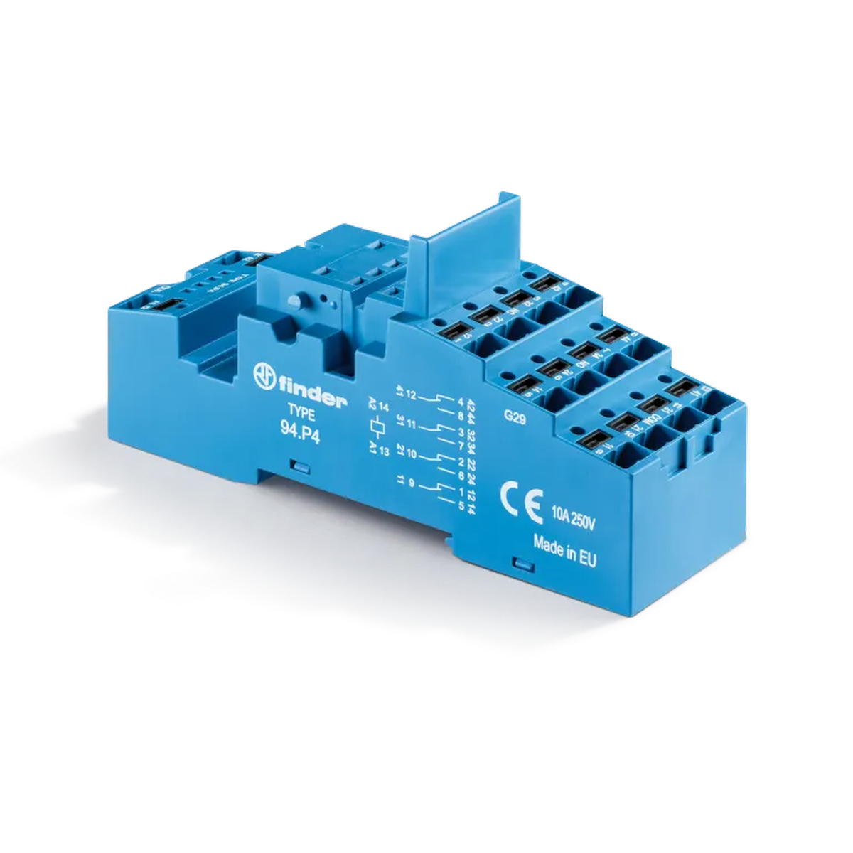 94P4SPA - Socket with non-cable terminals Push-in for relay 55.32, 55.34, timer 85.02, 85.04; Modules are used 86.00, 99.02; Included plastic clip 094.91.3; Version: Blue - Finder - Socket with non-cable terminals Push-in for relay 55.32, 55.34, timer 85.02, 85.04; Modules are used 86.00, 99.02; Included plastic clip 094.91.3; Version: Blue - Finder - 0